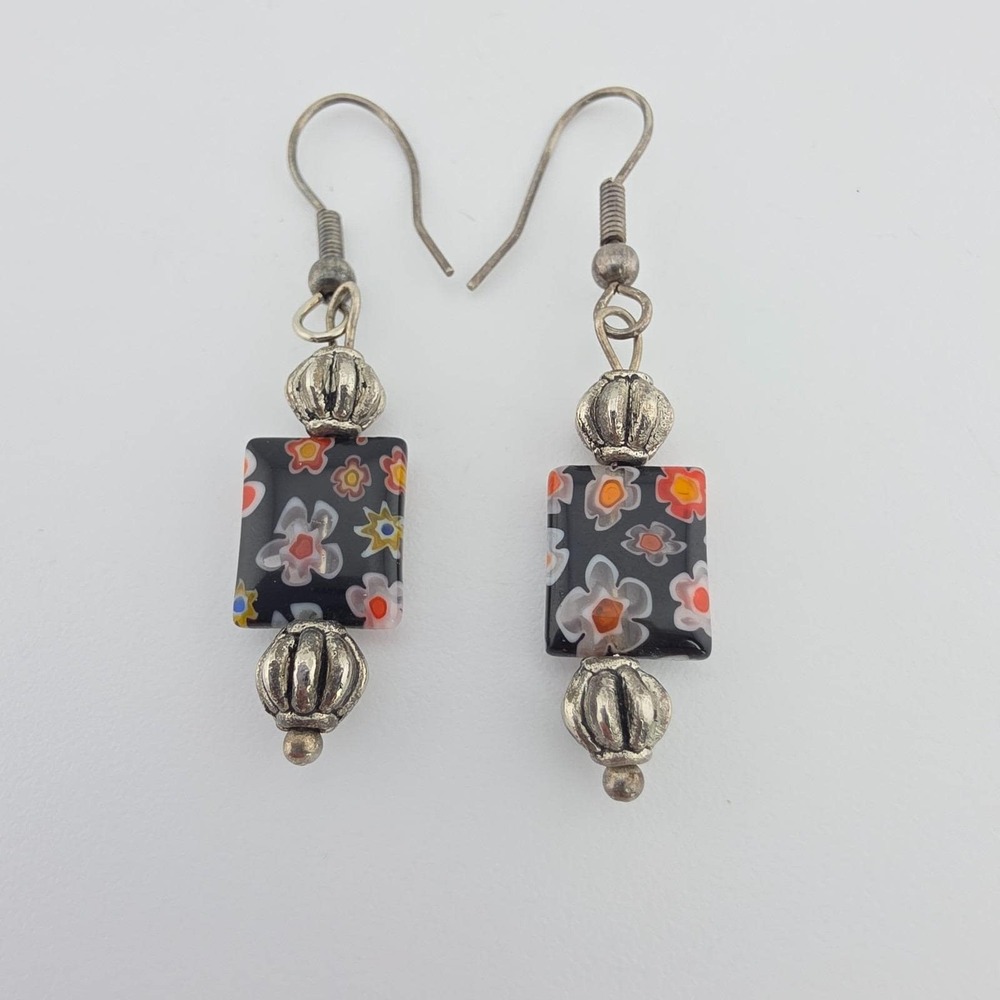 Vtg Flower Art Glass Earrings Multi-Color Black Glass Dangle Drop Silver Tone